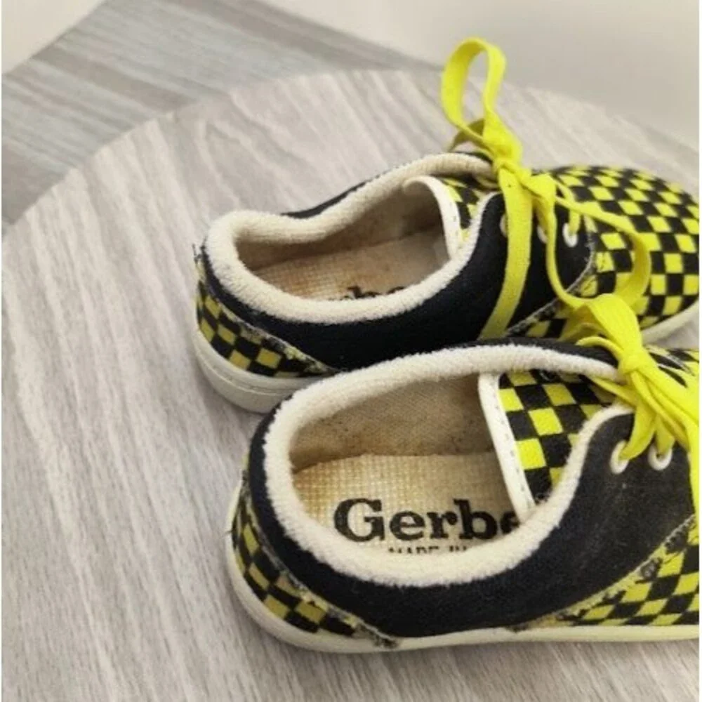 Vintage 80s Gerber Yellow Black Checkerboard Toddler Canvas Sneakers Size 7 USA
